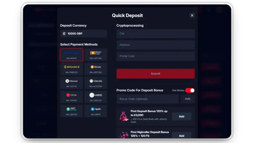 Deposit Onluck Casino - account interface
