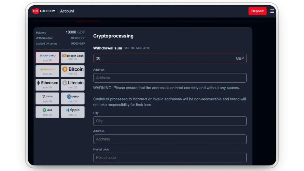 Withdraw process at On luck Casino - account interface